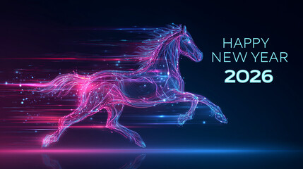 Happy New Year 2026 Futuristic Neon Horse. Digital rendering of a glowing neon horse symbolizing the year 2026, with moving lines and cyber-style lighting effects. New Year's greetings               