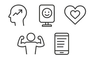 Mental Health Icons. Line style icons of mental health: self-esteem and confidence, upward arrow inside head, mirror with smile