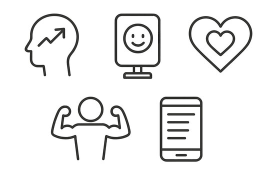 Mental Health Icons. Line style icons of mental health: self-esteem and confidence, upward arrow inside head, mirror with smile