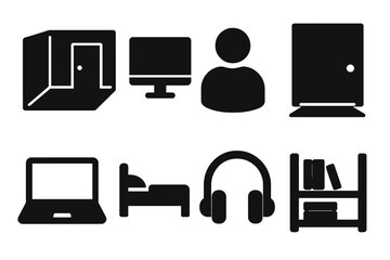 Isolation Icons. Solid style icons of Extreme Indoor Seclusion: Room, Screen, Isolation, Light Under Door, Laptop, Bed, Headphones