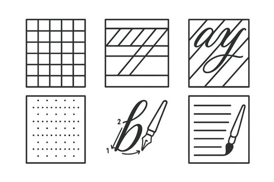 Calligraphy Practice Icons. Line style icons of Calligraphy Lettering Practice: practice grid, guideline sheet, angled lettering,