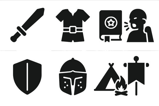 LARP Icons Collection. Solid style icons of LARPing: Foam Sword, Costume, Spellbook, Battle Cry, Shield, Helmet, Camp, Banner, No