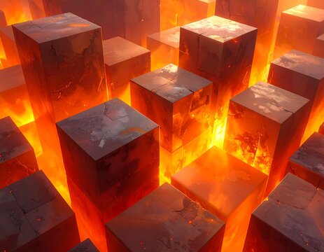 Digital art of geometric structures amidst fiery depths, a surreal, vibrant, and abstract cityscape