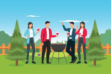 office gathering grilling in the park. office Gathering concept. colored flat vector illustration isolated