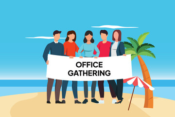 office gathering together on the beach. office Gathering concept. colored flat vector illustration isolated