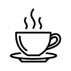 A simple line art icon of a steaming cup of coffee on a saucer, isolated on a