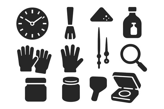 Vintage Watchmaking Tools Icons. Solid style icons of Vintage Horology Tools: Watch Face, Brush, Radium Powder, Gloves, Clock