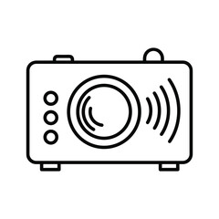 Outline icon of a vintage camera with lens, buttons, and sound waves
