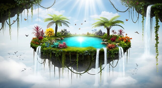 Magical floating island oasis with waterfalls and lush vegetation