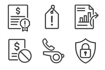 Hedge Fund Icons. Line style icons of hedge funds: regulatory fine icon, risk alert tag, audit trail symbol, fund deactivation