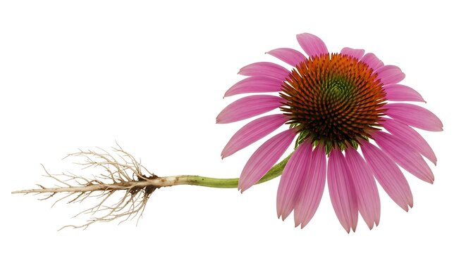 Purple coneflower with visible roots isolated white background