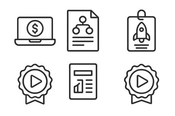 Angel Funding Icons. Line style icons of Angel Funding Platforms: Online platform icon, deal pipeline file, startup profile tag,