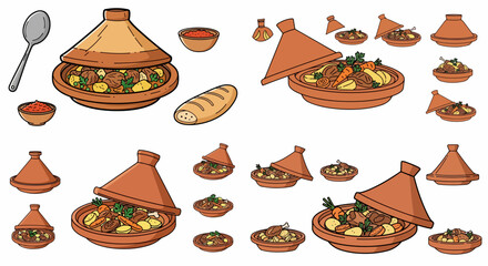 Moroccan tagine dishes with bread and sauce