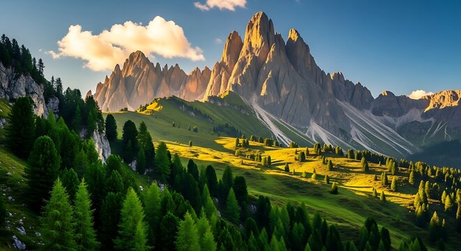 Majestic dolomite peaks bathed in golden hour sunlight