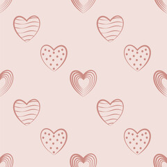 Soft, delicate vector seamless pattern featuring stylized hearts filled with various doodles like stripes and dots, all in a soothing monochromatic blush pink palette.