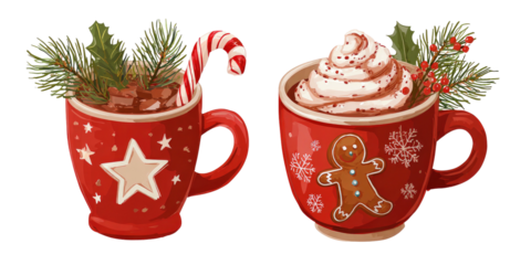 Festive mugs of hot drinks with Christmas decorations