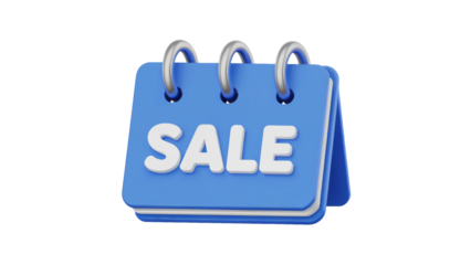 Dynamic 3D calendar graphic boldly announces 'SALE' for promotional campaigns and retail events isolated on white or transparent png.