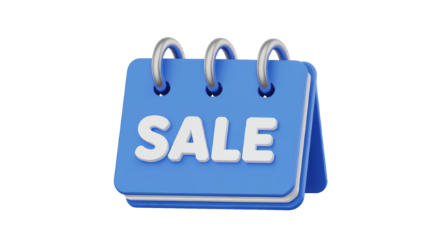 Dynamic 3D calendar graphic boldly announces 'SALE' for promotional campaigns and retail events isolated on white or transparent png.