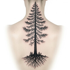 A detailed tattoo of a bare tree with visible roots is inked on a person's back.