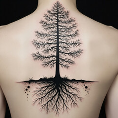 A detailed tattoo of a bare tree with visible roots is inked on a person's back.