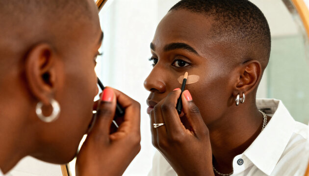 Androgynous black person applying concealer while looking in a mirror. Young adult with a buzz cut during a daily makeup and skincare routine. Self-care and gender expression concept - Powered by Adobe