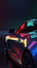 A sleek car is illuminated with vibrant red and blue neon lights in a dark setting.