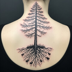 A detailed tattoo of a bare tree with visible roots is inked on a person's back.