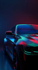 A sleek car is illuminated with vibrant red and blue neon lights in a dark setting.