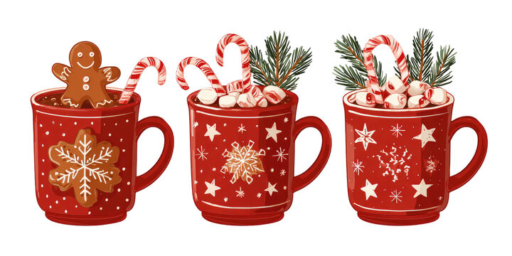 Cozy red mugs with Christmas treats and decorations - Powered by Adobe