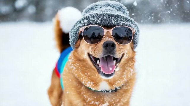 A happy dog wearing a beanie and sunglasses in the snow
