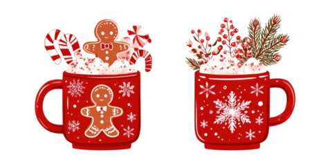 Two red mugs filled with whipped cream and festive holiday decorations