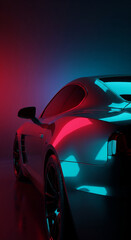 A sleek car is illuminated with vibrant red and blue neon lights in a dark setting.