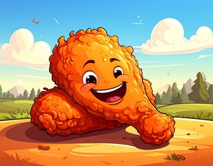 Cartoon-style illustration of happy, smiling fried chicken pieces