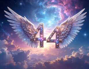 Celestial artwork depicts angelic wings above the number 44 in space