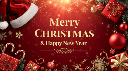 Merry Christmas and Happy New Year Greetings Red Background with Christmas decorations with gold writing for flayers, banners, backgrounds, greetings, text space