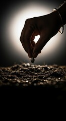 Hand planting a seed in dark soil under bright light.