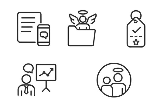 Angel-Startup Icons. Line style icons of Angel-Startup Relationship: Regular updates icon, advisory role file, milestone tracking