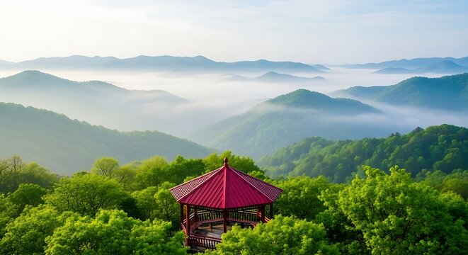 Red pagoda surrounded by misty mountains and lush greenery