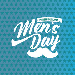 Obraz na płótnie Canvas International Men's Day blue squre banner with lettering, mustache and on blue abstract background. Happy mens day poster with face, banner and sticker. WORLD MALE DAY