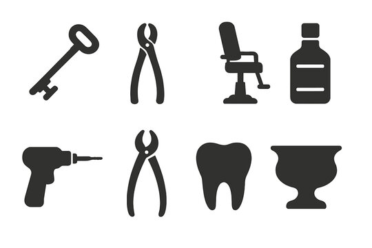 Vintage Dentistry Tools. Solid style icons of Vintage Dentistry: Tooth Key, Pliers, Chair, Novocaine Bottle, Drill, Forceps, Tooth