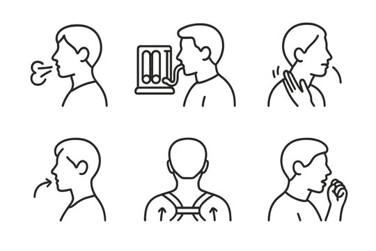 Respiratory Therapy Icons. Line style icons of respiratory physiotherapy: breathing exercise, incentive spirometer, chest clapping