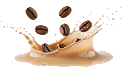 Fresh roasted beans splashing into creamy beverage concept on transparent background