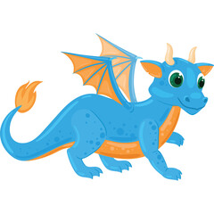 Charming Blue Cartoon Dragon With Orange Wings And Golden Horns Standing On A Transparent Background Detailed Illustration