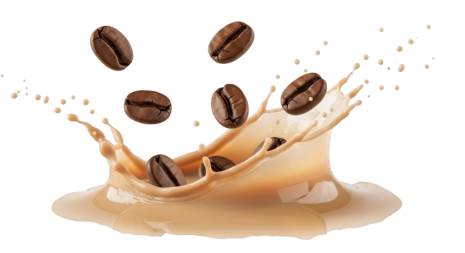 Fresh roasted beans splashing into creamy beverage concept on transparent background