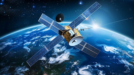 A detailed image of a satellite in orbit over Earth, with solar panels and antenna prominent