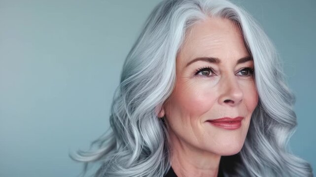 Elegant woman with silver hair smiling softly in a calm setting during daylight hours - Powered by Adobe