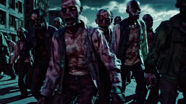 Low-angle shot of a zombie horde under a dramatic sky, creating a tense, apocalyptic video game atmosphere with eerie lighting.