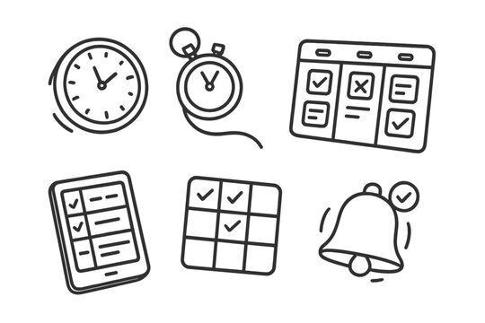 Zero-Gravity Time Tools. Line style icons of Time Management Tools in Zero-Gravity: floating wall clock, tethered timer, task