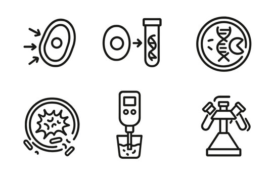 Microbiology Line Icons. Line style icons of microbiology: cell lysis icon, protein extraction, enzyme digestion, bacterial lysate