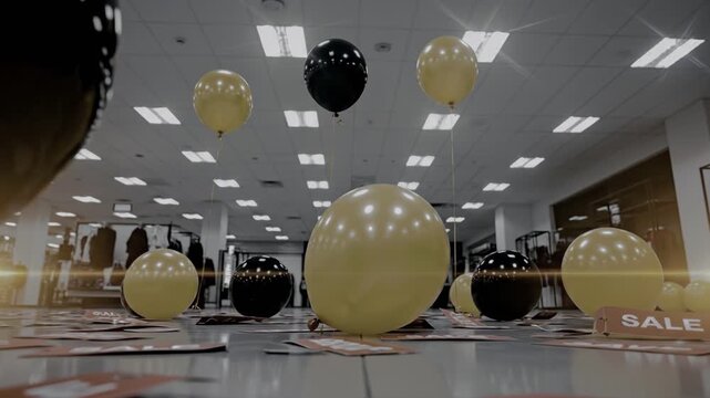 Advanced visual merchandising strategy utilizing dynamic balloon display and ambient lighting for enhanced retail consumer engagement and promotional effectiveness